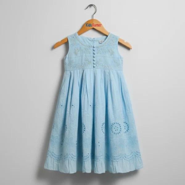 Blue Girls Party Dress – Elegant Embroidered Sleeveless Outfit