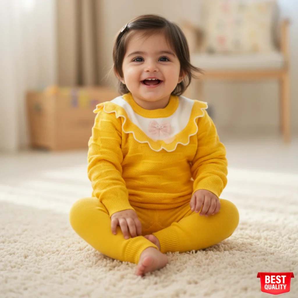 Cozy Yellow Sweater Set for Baby Girls with Ruffled Collar