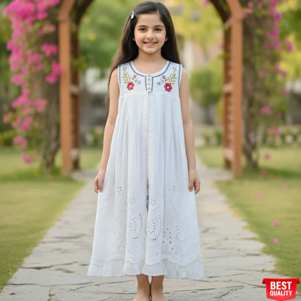 Elegant White Embroidered Sleeveless Summer Dress for Girls