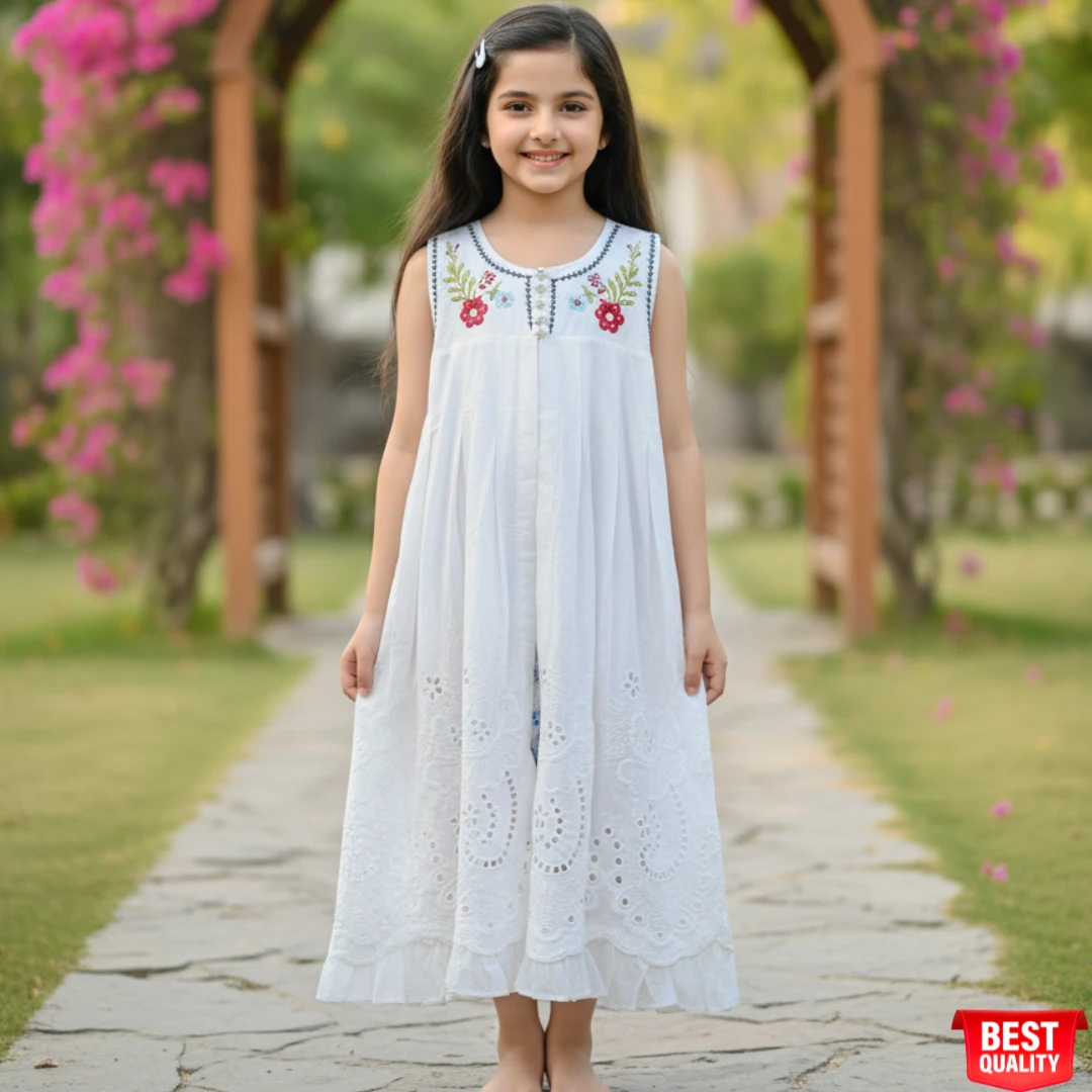 Elegant White Embroidered Sleeveless Summer Dress for Girls Elegant White Embroidered Sleeveless Summer Dress for Girls