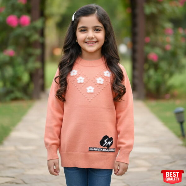 Peach Girls Sweater – Cozy Winter Wear with Cute Floral Design