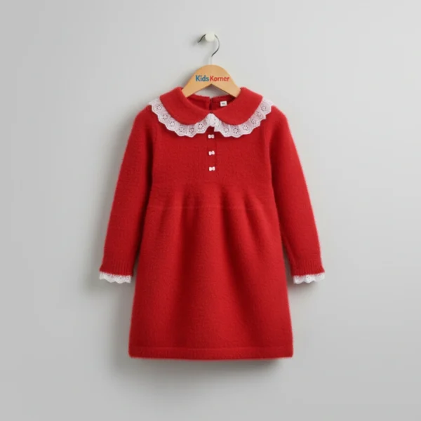 Red Dress with Lace Collar for Girls
