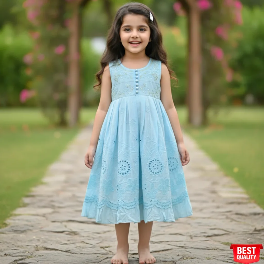 Sky Blue Girls Party Dress – Elegant Embroidered Sleeveless Outfit