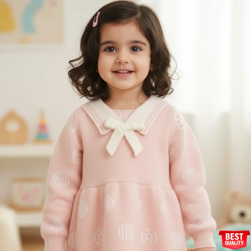 Cute Pink Woolen Dress with Sailor Collar for Kids – Soft and Stylish