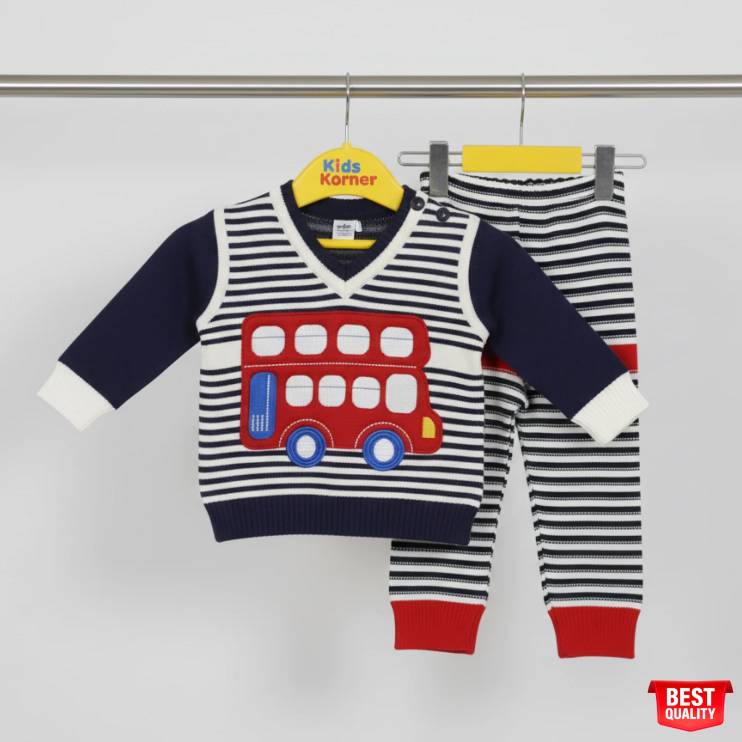 24 Striped Kids Sweater Set with Red Bus Design & Matching Pants - Image 1
