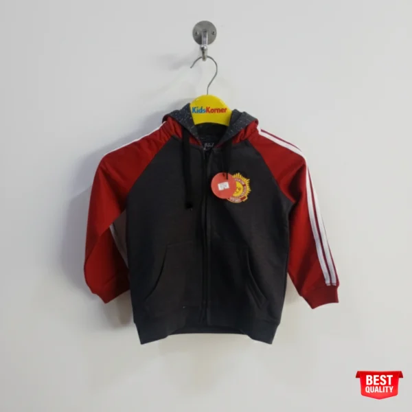 Boys' Black and Red Zip-Up Hoodie with Stripes & Patch Design