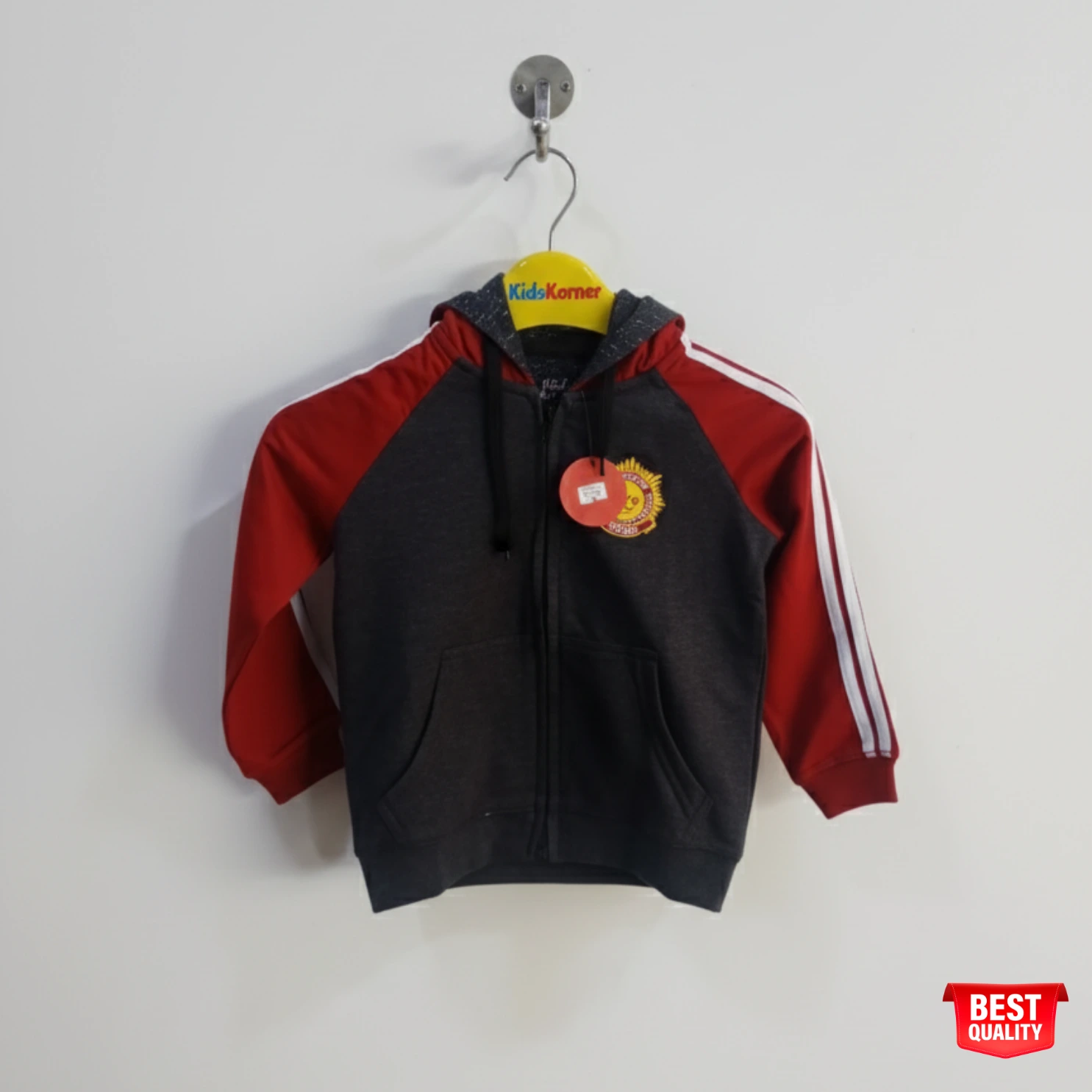 Boys' Black and Red Zip-Up Hoodie with Stripes & Patch Design Boys' Black and Red Zip-Up Hoodie with Stripes & Patch Design