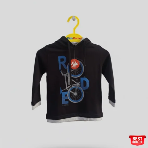 Boys' Cool Black Hoodie with Bicycle Graphic and "Rode" Text