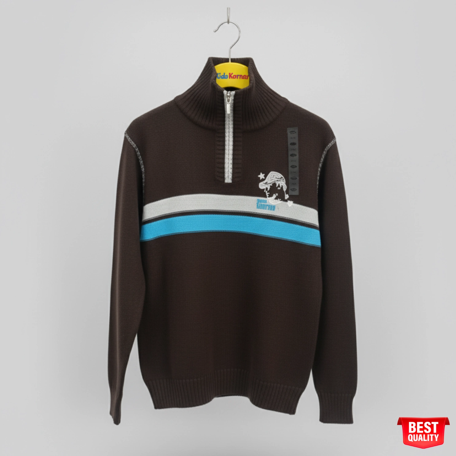 Boys' Stylish Brown Zipper Sweater with Bold Stripes and Graphic Design Boys' Stylish Brown Zipper Sweater with Bold Stripes and Graphic Design