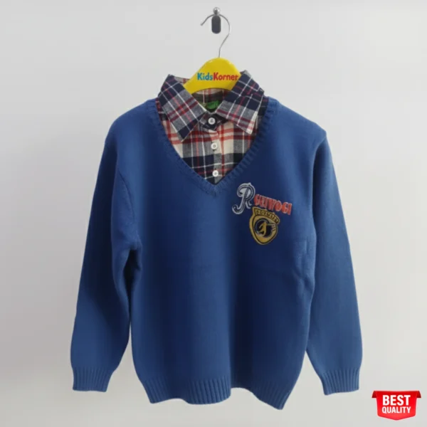 Stylish Blue V-Neck Sweater with Plaid Shirt Layer – Cozy & Trendy for Boys
