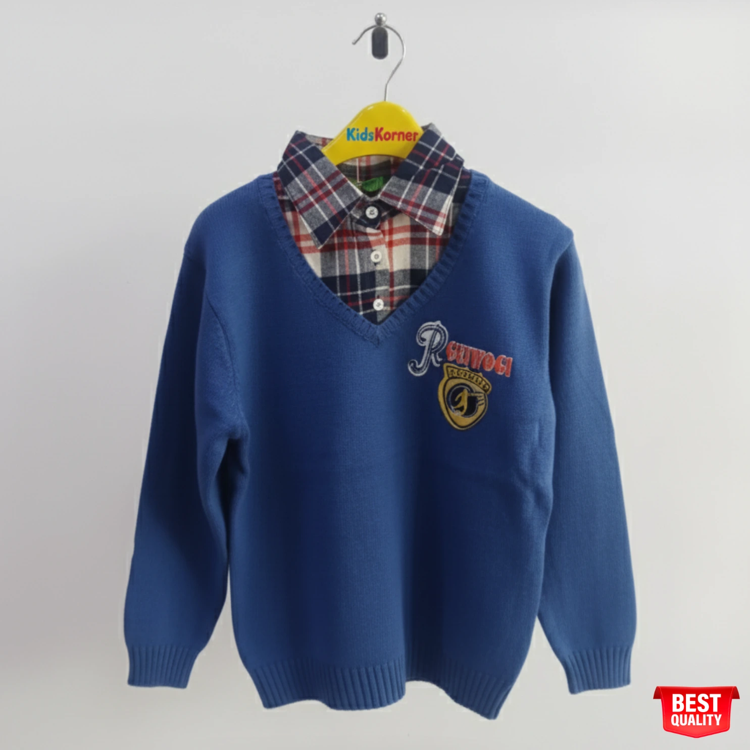 Stylish Blue V-Neck Sweater with Plaid Shirt Layer – Cozy & Trendy for Boys Stylish Blue V-Neck Sweater with Plaid Shirt Layer – Cozy & Trendy for Boys