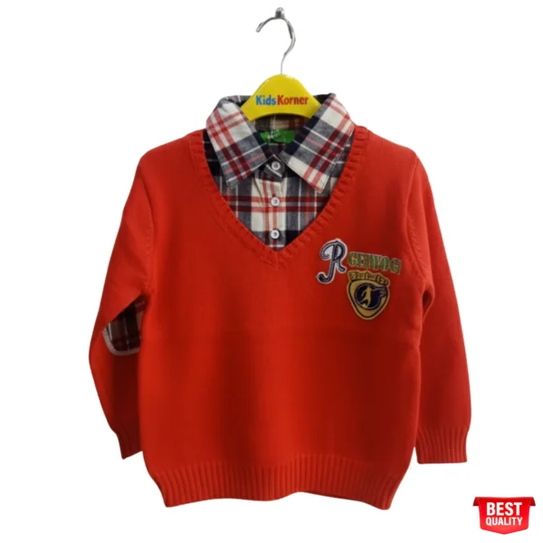 Trendy Red V-Neck Sweater with Plaid Shirt for Kids – Stylish & Comfortable