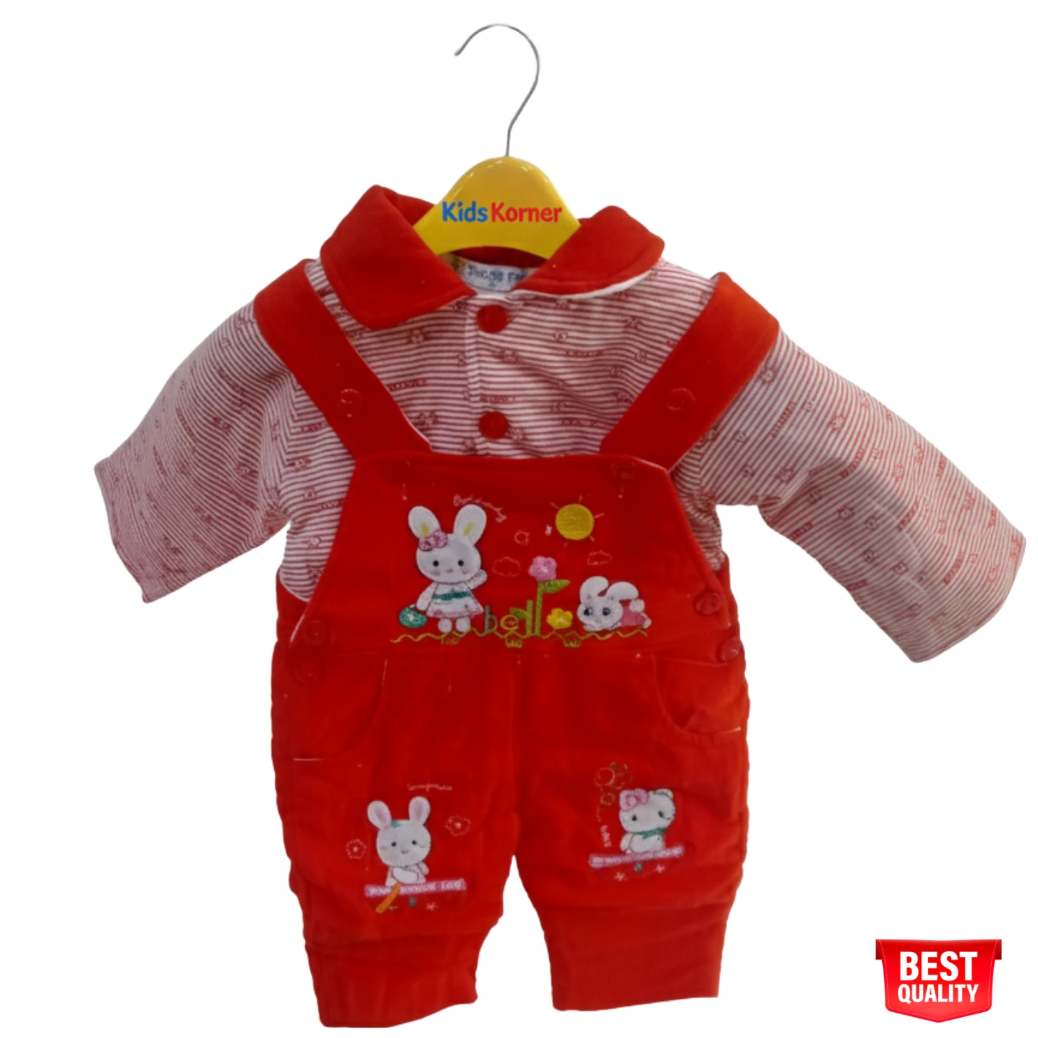 Baby Boy Red Bunny Embroidered Overalls with Striped Shirt – Cute and Comfortable Outfit Baby Boy Red Bunny Embroidered Overalls with Striped Shirt – Cute and Comfortable Outfit