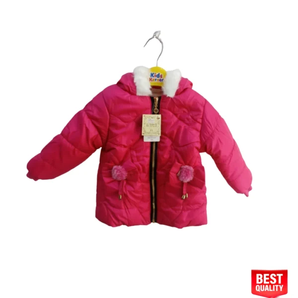 Girls Pink Quilted Winter Jacket with Pom-Pom Details