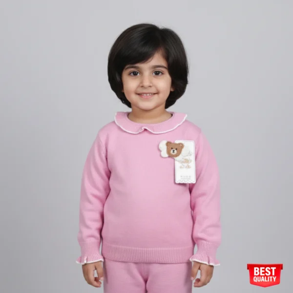 Girls Pink Knit Sweater & Pants Set with Teddy Bear Applique