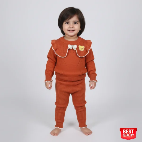 Girls Orange Knit Sweater & Pants Set with Teddy Bear Bow Detail