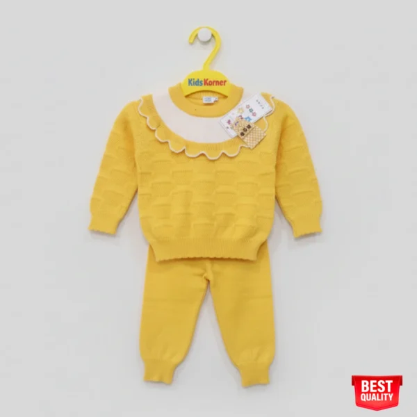 Girls Yellow Knit Sweater & Pants Set with Frilly Collar and Bow Detail