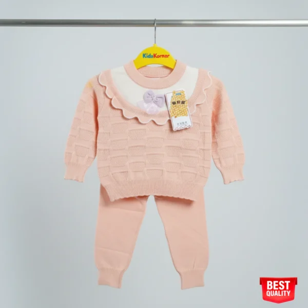 Girls Pink Knit Sweater & Pants Set with Frilly Collar and Bow Detail