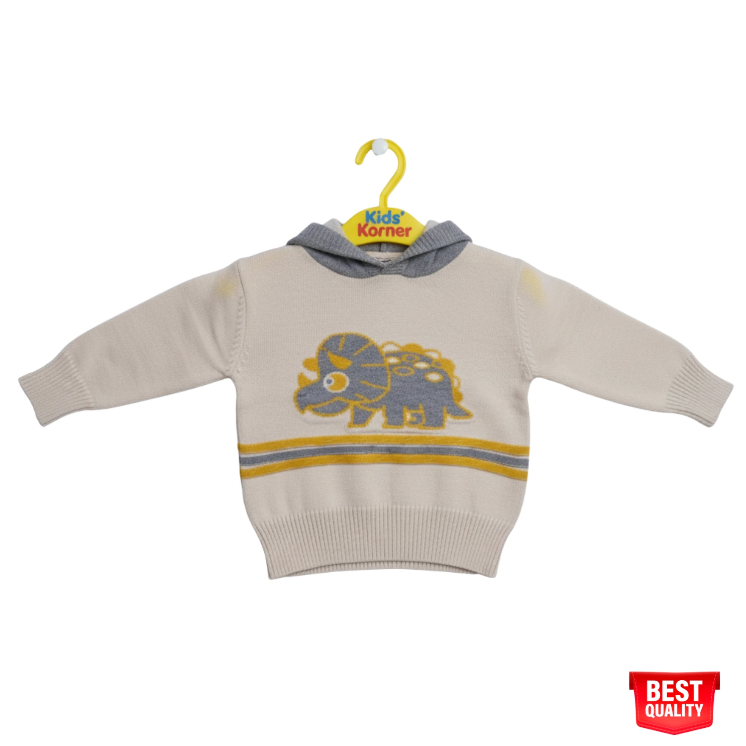 Boys Cream Dinosaur Sweater with Hoodie - Cozy Knit Pullover with Yellow and Grey Accents Boys Cream Dinosaur Sweater with Hoodie - Cozy Knit Pullover with Yellow and Grey Accents