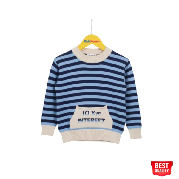 Boys Blue & White Striped Sweater with "INTEREST" Text Detail