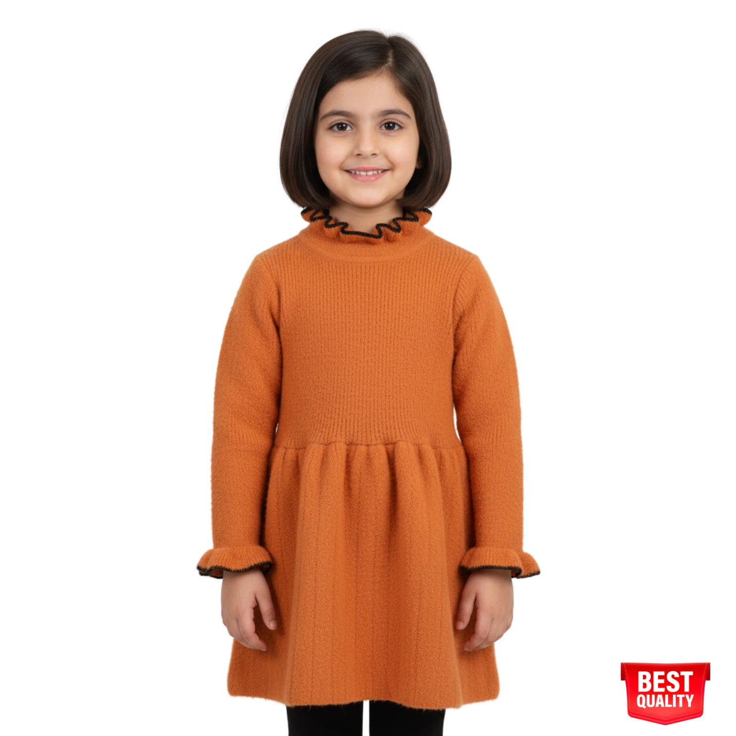 Girls Orange Knit Dress with Ruffled Neck and Cuffs - Cozy and Stylish Fall Dress Girls Orange Knit Dress with Ruffled Neck and Cuffs - Cozy and Stylish Fall Dress