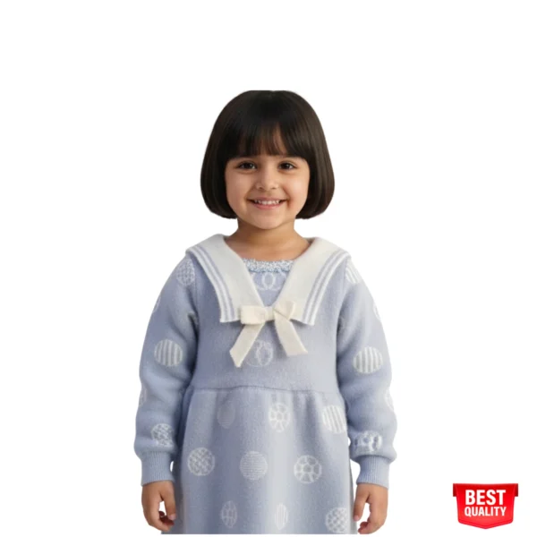 Girls Light Blue Sailor Dress with Bow - Soft Knit Dress with White Accents