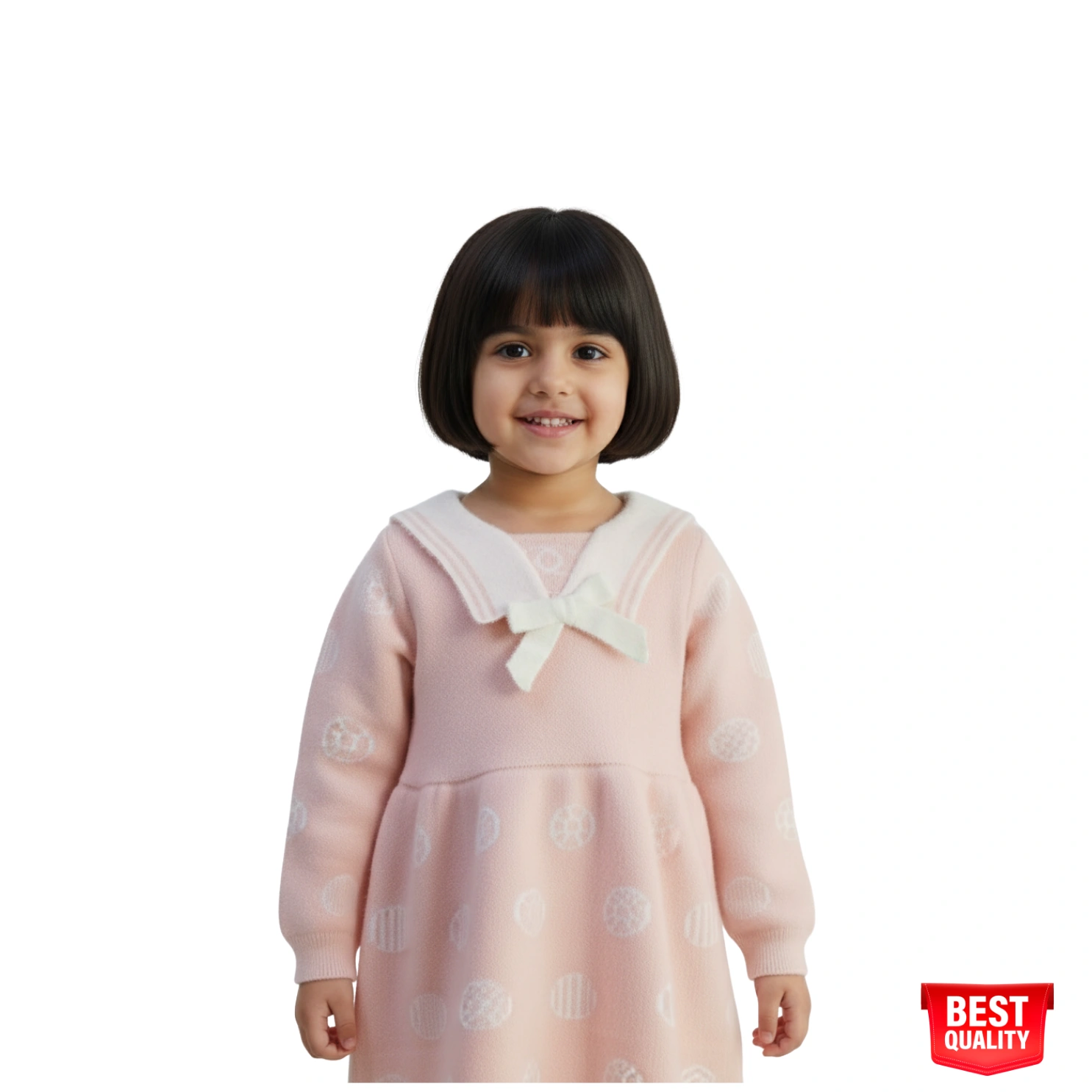 Girls Pink Sailor Dress with Bow - Soft Knit Dress with White Accents Girls Pink Sailor Dress with Bow - Soft Knit Dress with White Accents