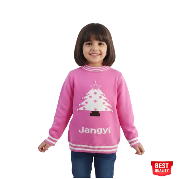 Girls Pink Christmas Tree Sweater - Cozy Knit Pullover with "Jangyi" Detail