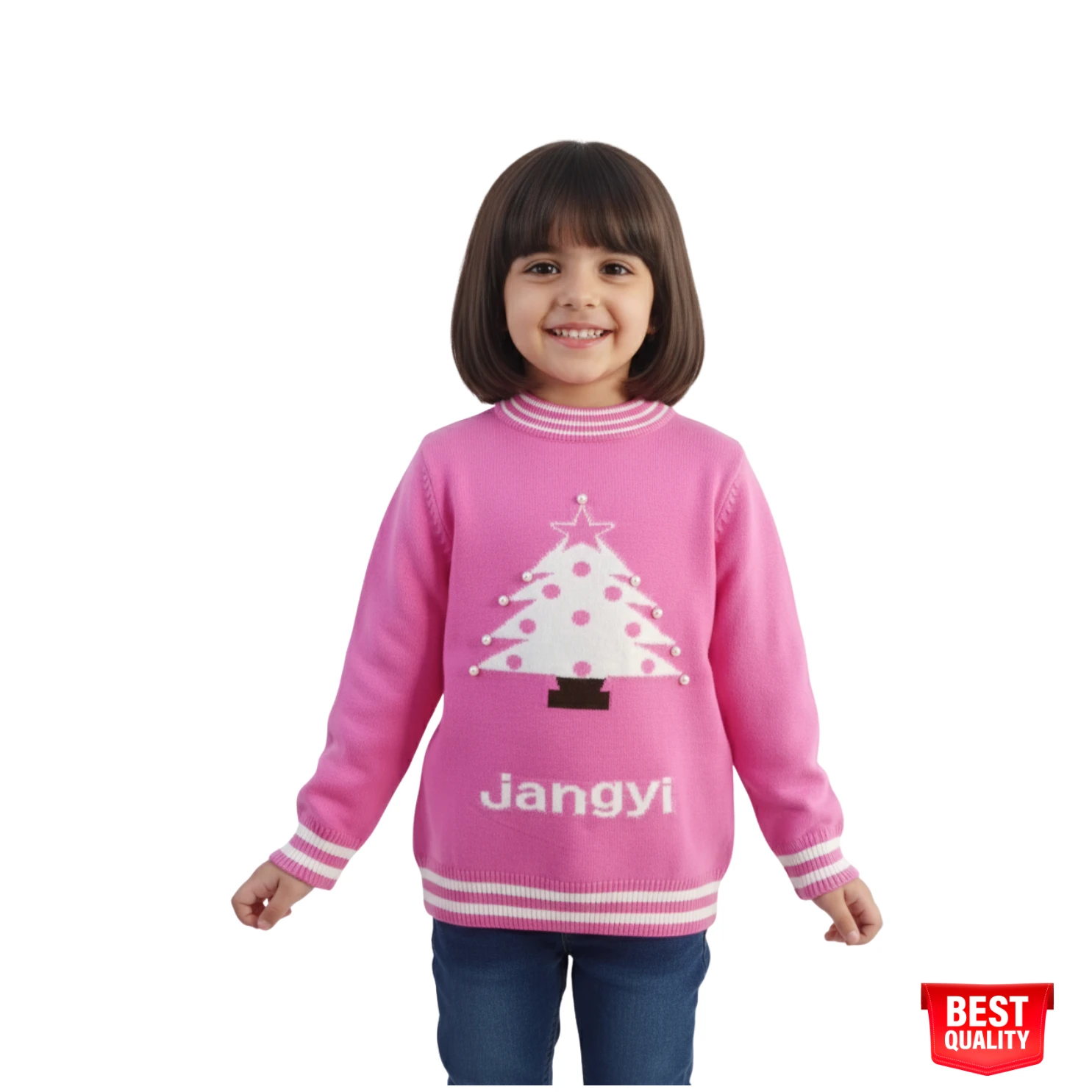 Girls Pink Christmas Tree Sweater - Cozy Knit Pullover with "Jangyi" Detail Girls Pink Christmas Tree Sweater - Cozy Knit Pullover with "Jangyi" Detail