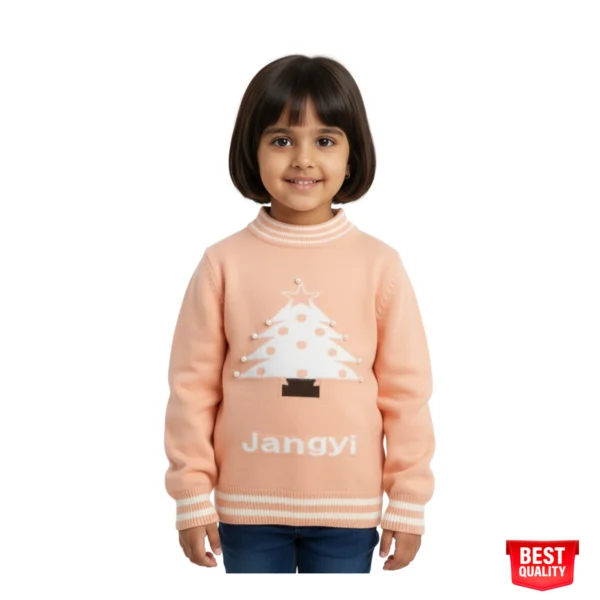 Girls Peach Christmas Tree Sweater - Cozy Knit Pullover with "Jangyi" Detail