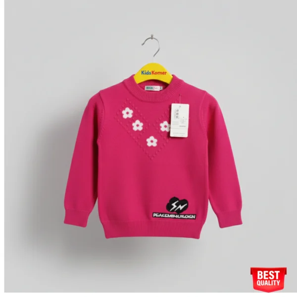 Girls Pink Floral Sweater - Stylish Knit Pullover with "PEACEMINUSONE" Detail