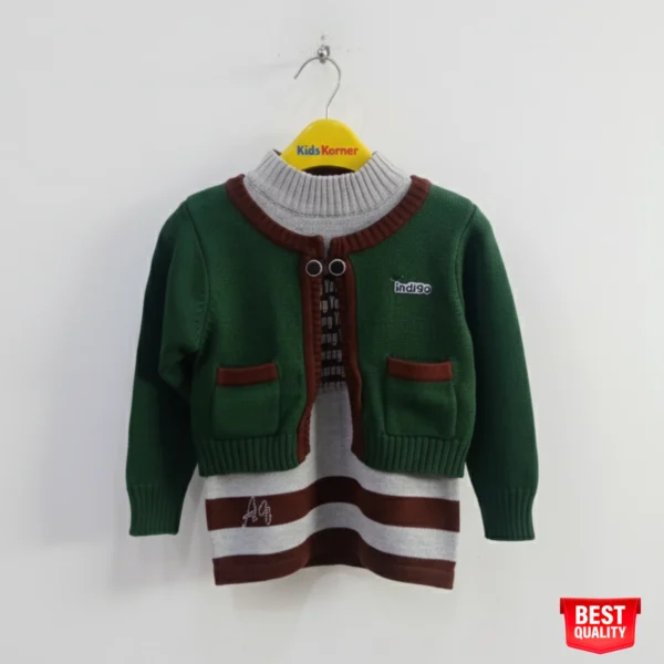 Boys Green Cardigan Sweater with Gray and Brown Inner - Stylish Knit Pullover for Toddlers