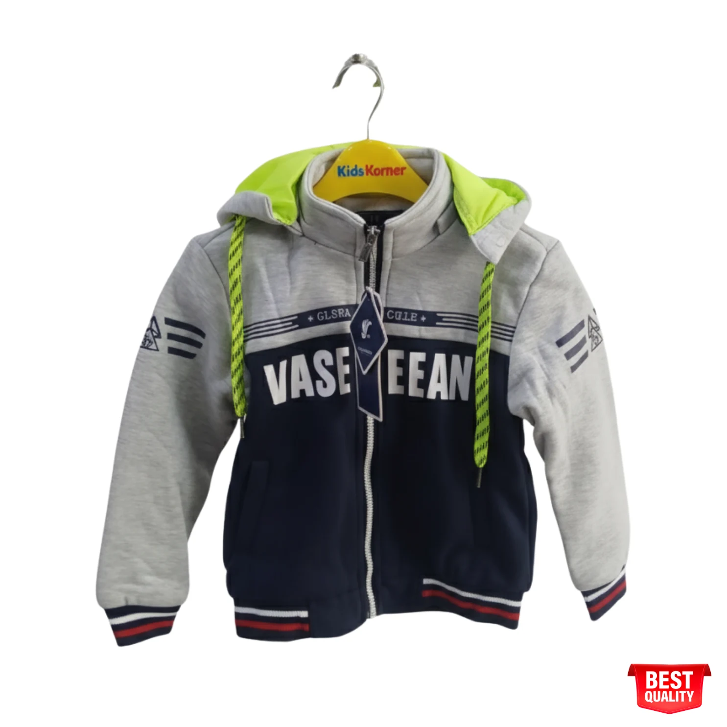Boys Navy & Grey Sports Jacket with Neon Green Hood Boys Navy & Grey Sports Jacket with Neon Green Hood - Stylish Zip-Up Jacket for Toddlers - Image 1