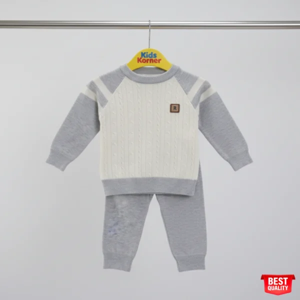 Cozy Gray & White Kids Sweater Set with Cable Knit Design