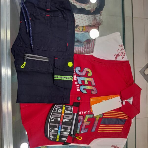 Boys 3 Piece Nicker Suit Set – Polo T-Shirt, Printed Tee & Cargo Nicker Shorts | Sizes S, M, L | 2 Colours