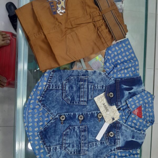 Boys 3 Piece Nicker Suit – Denim Style Shirt, Cotton Nicker Shorts & Belt | Sizes S, M, L | 2 Colours